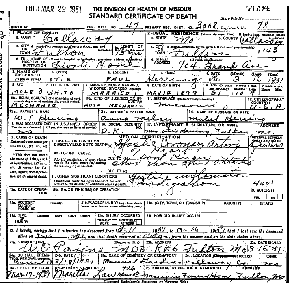 Death certificate of Herring, Otis Paul "Tommy"