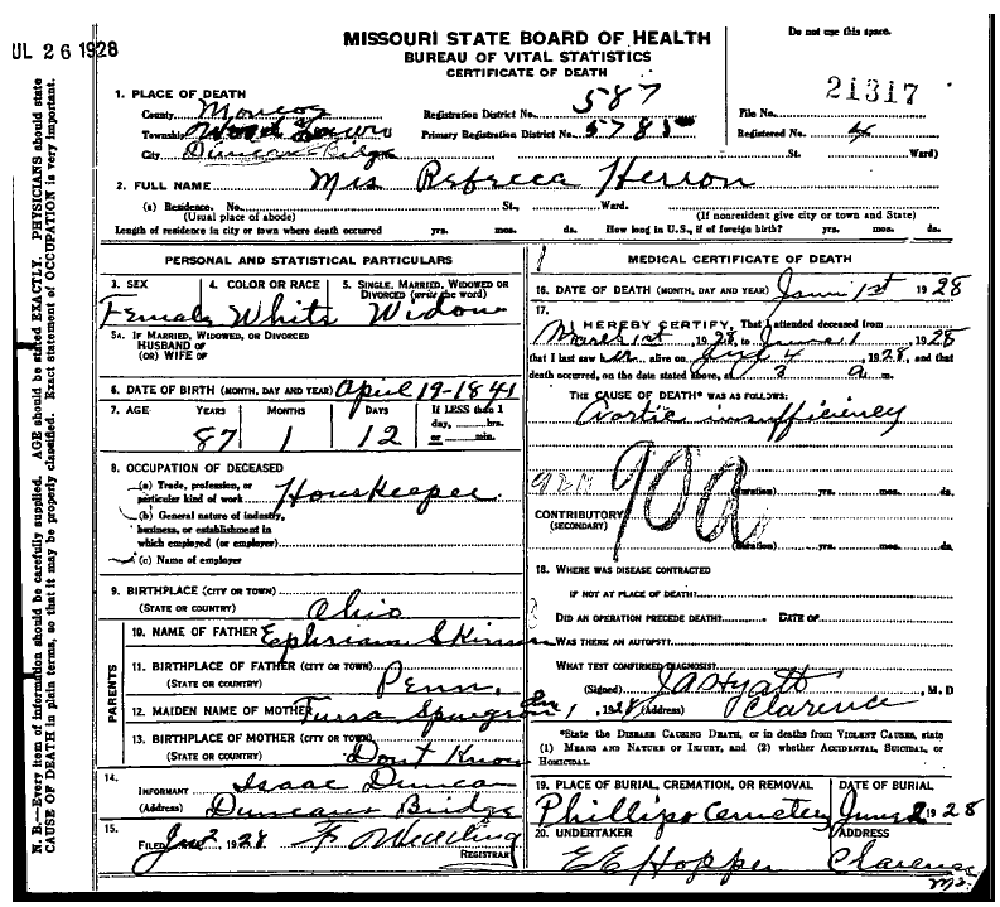 Death certificate of Herring, Rebecca Skinner