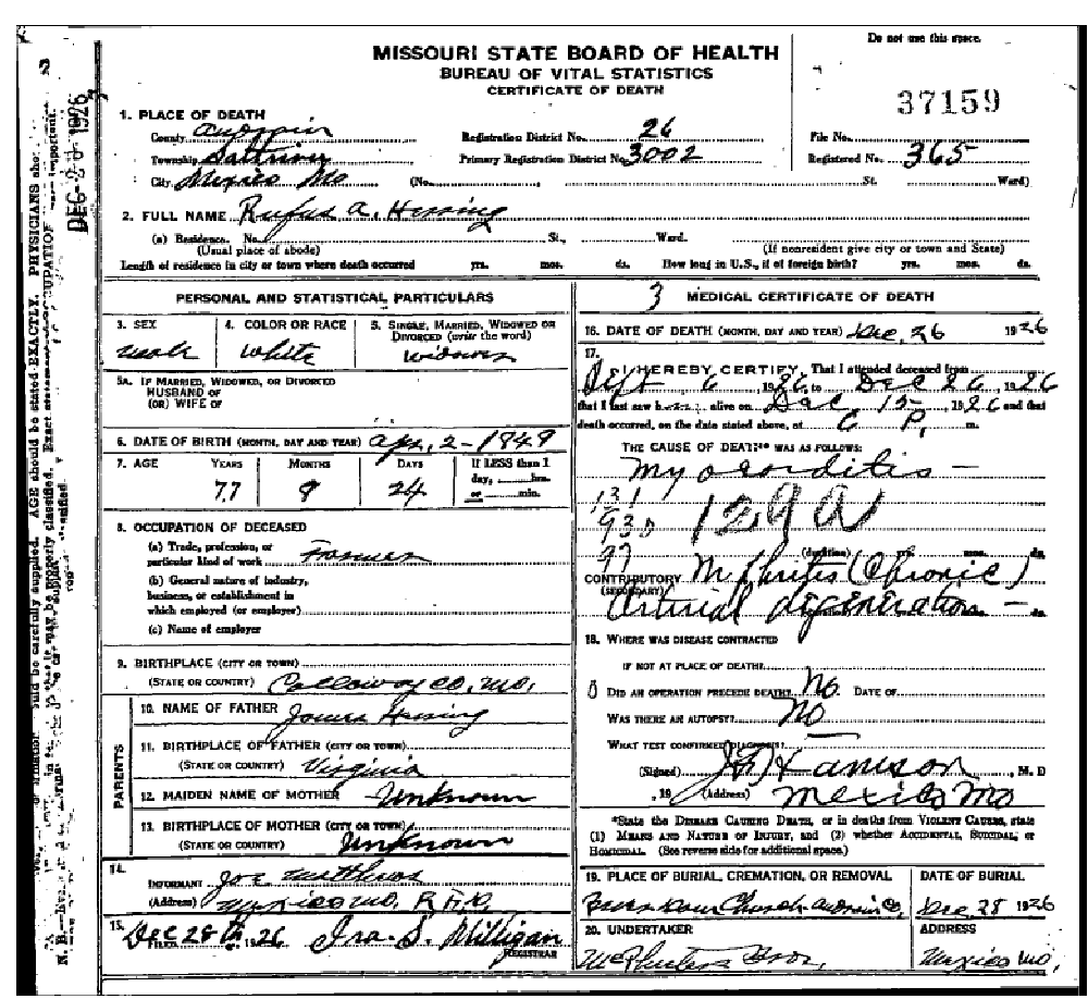 Death certificate of Herring, Rufus A.