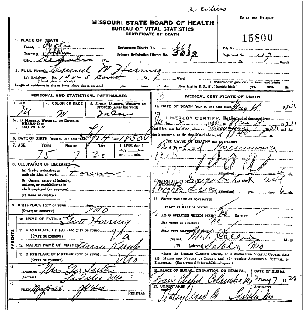 Death certificate of Herring, Samuel W.