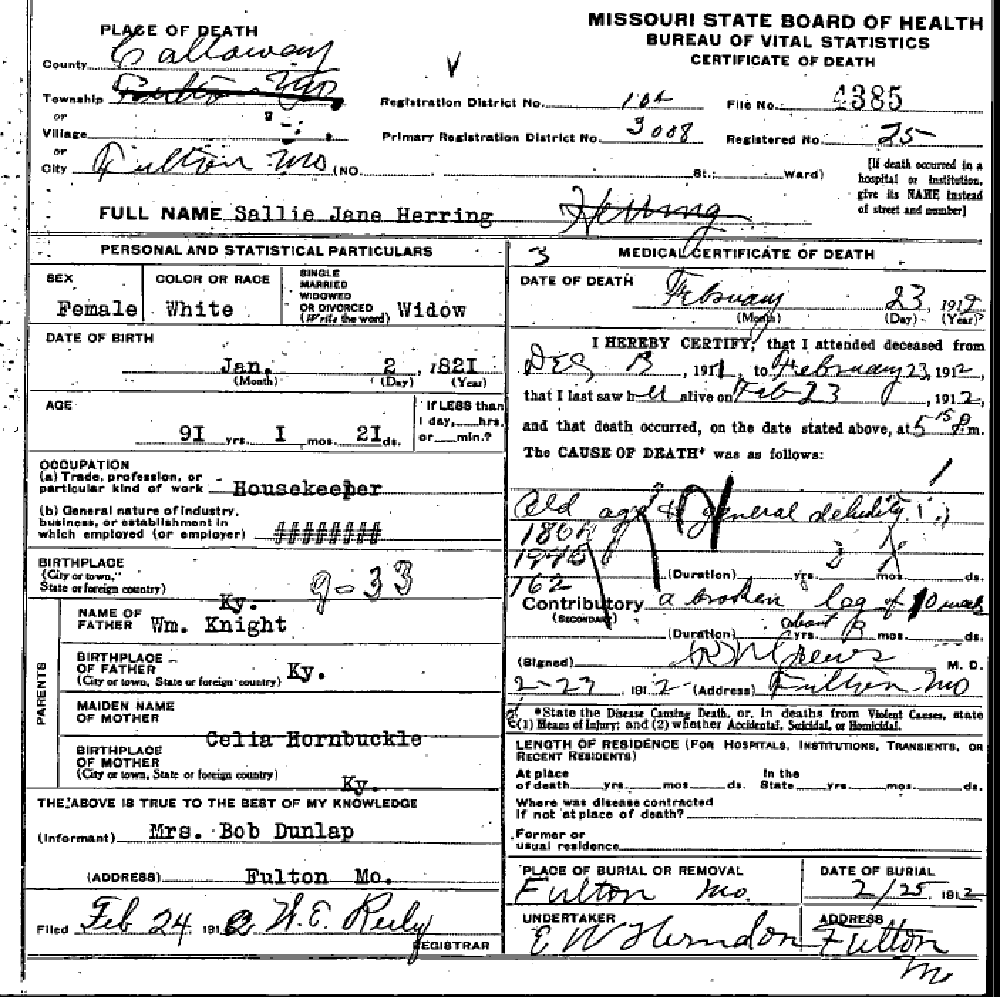 Death certificate of Herring, Sarah J. Knight