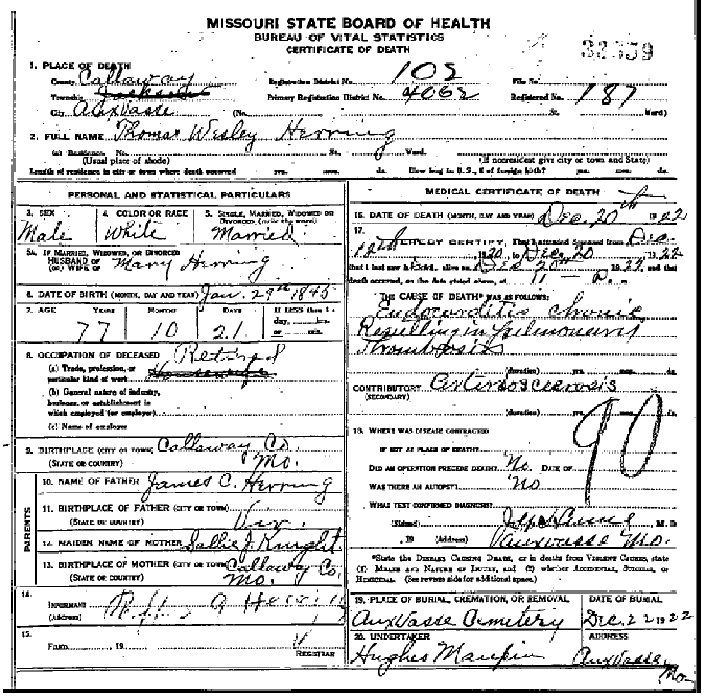 Death certificate of Herring, Thomas Wesley