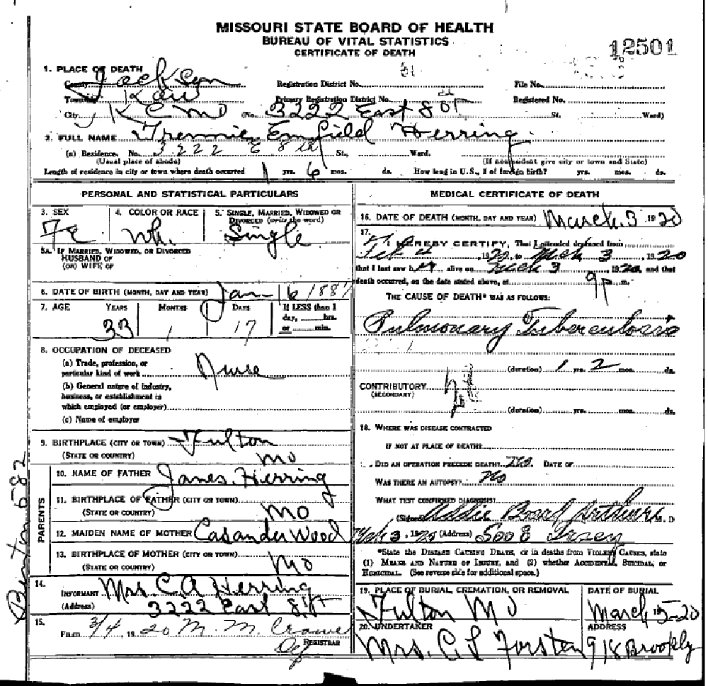 Death certificate of Herring, Trennie Enfield