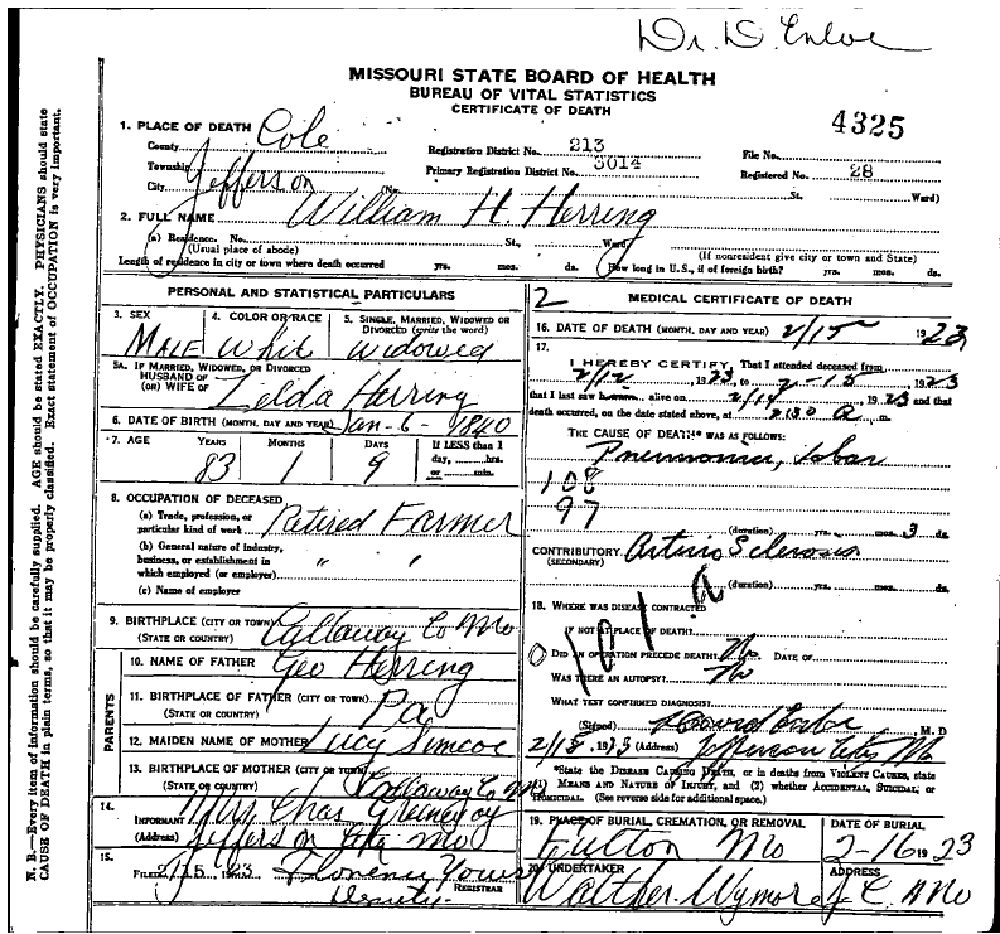 Death certificate of Herring, William "Tip" Harrison