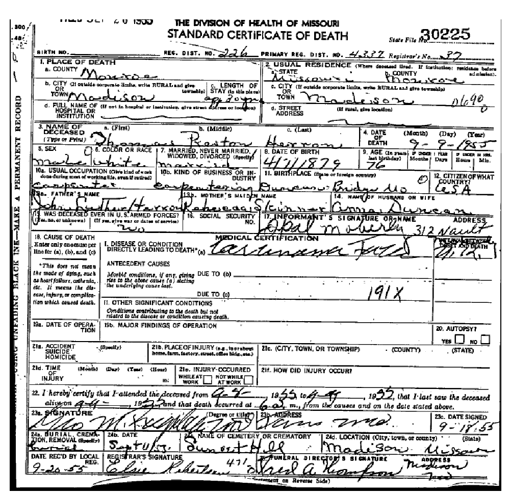 Death certificate of Herron (Herring), Thomas Preston