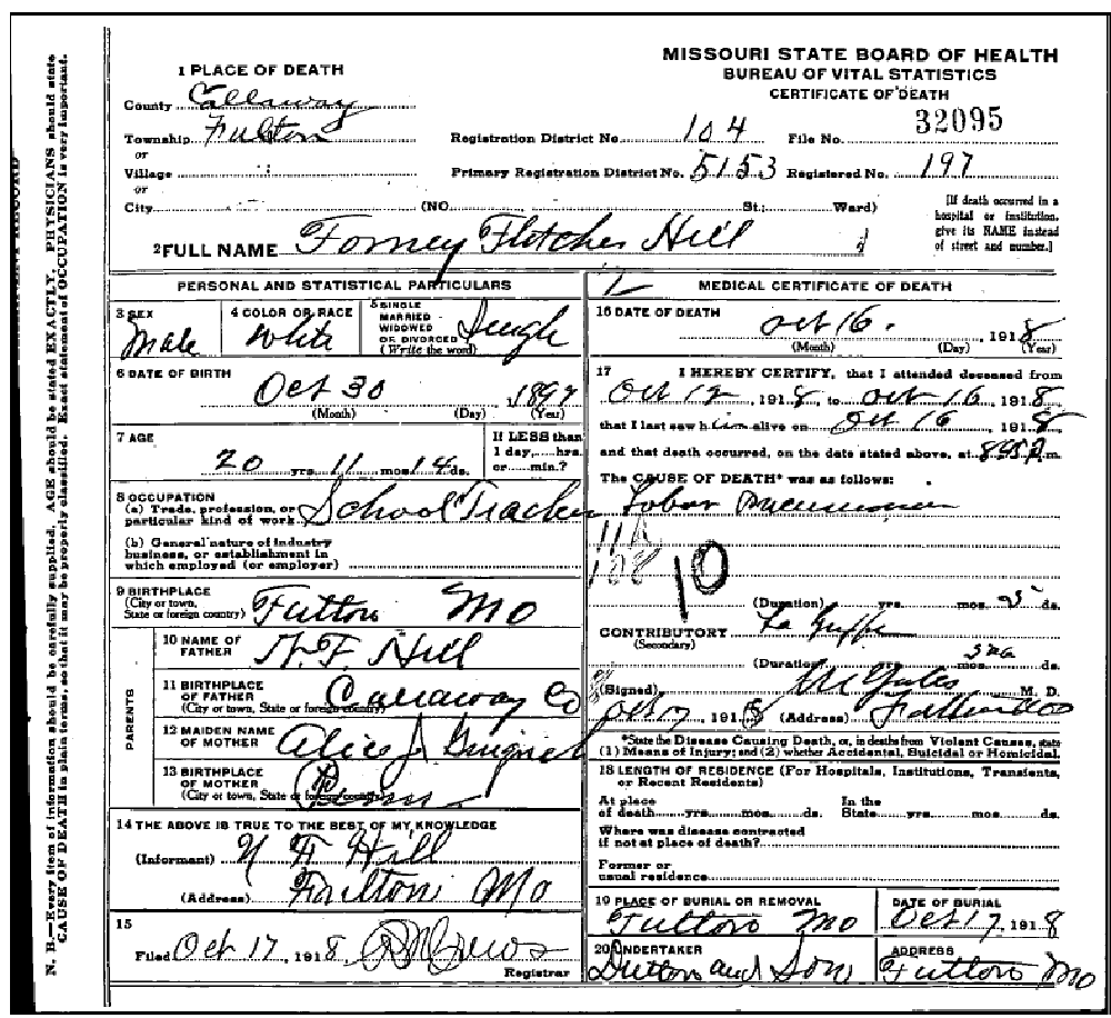 Death certificate of Hill, Forney Fletcher