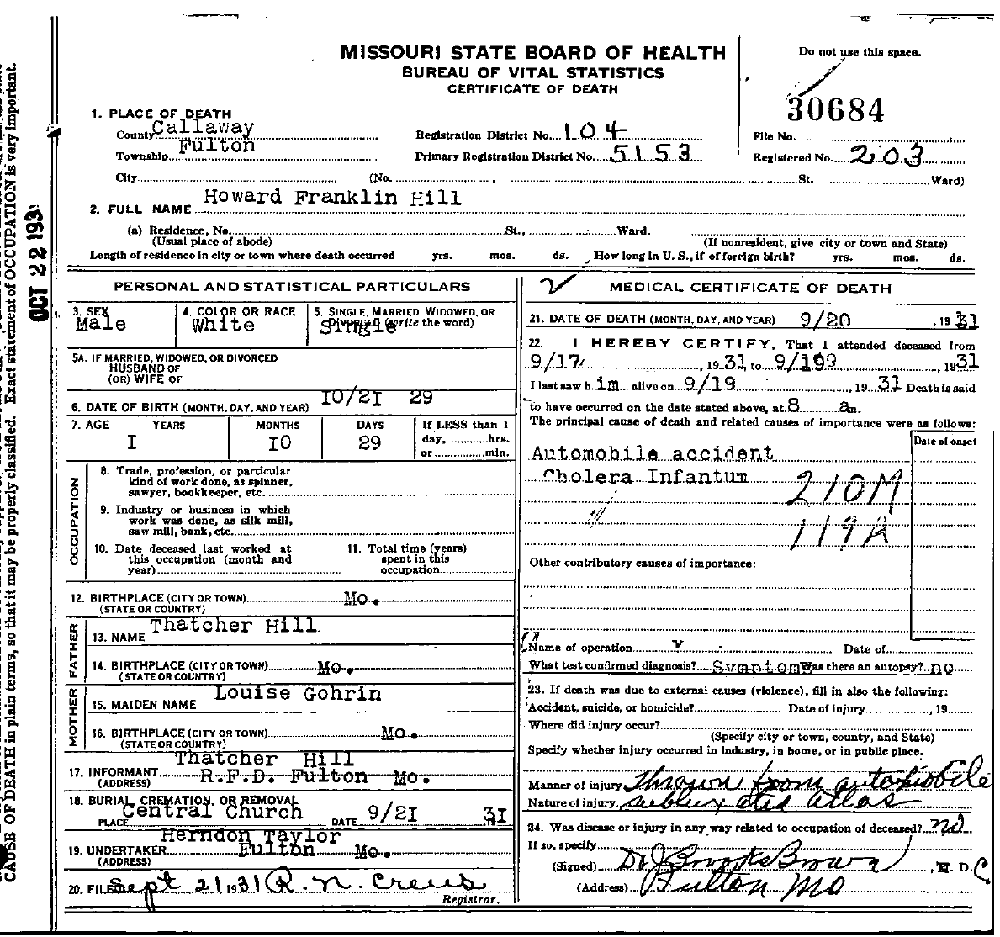 Death Certificate of Hill, Howard Franklin