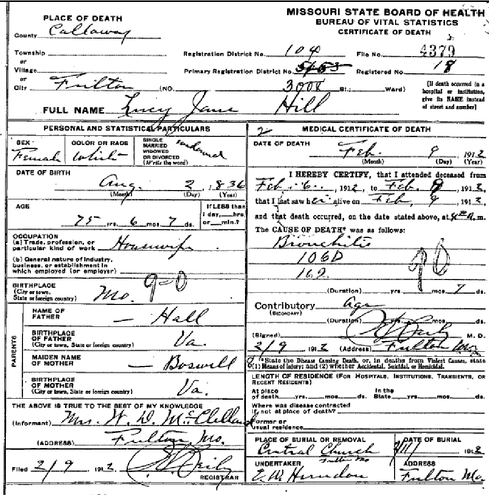 Death certificate of Hill, Lucy J. Hall