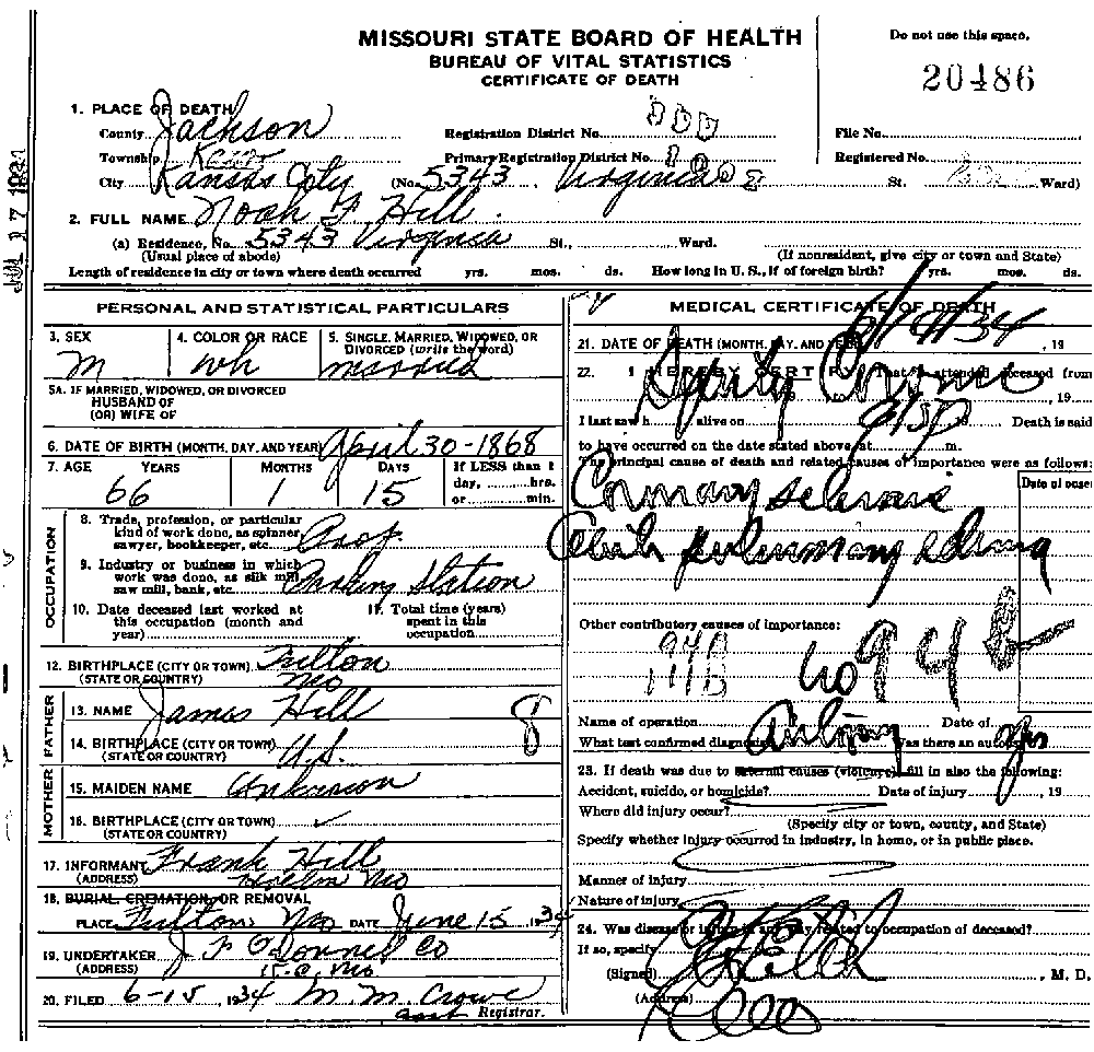 Death Certificate of Hill, Noah