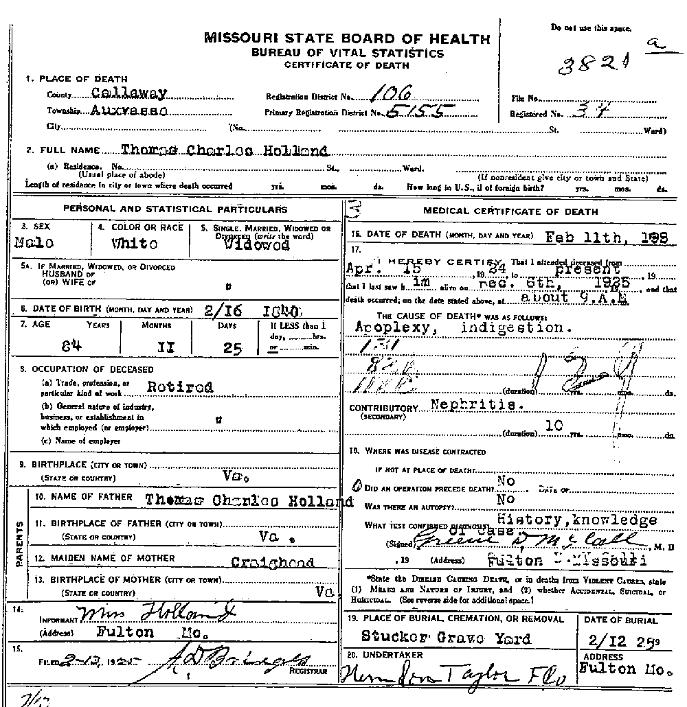 Death Certificate of Holland, Thomas Charles Jr.