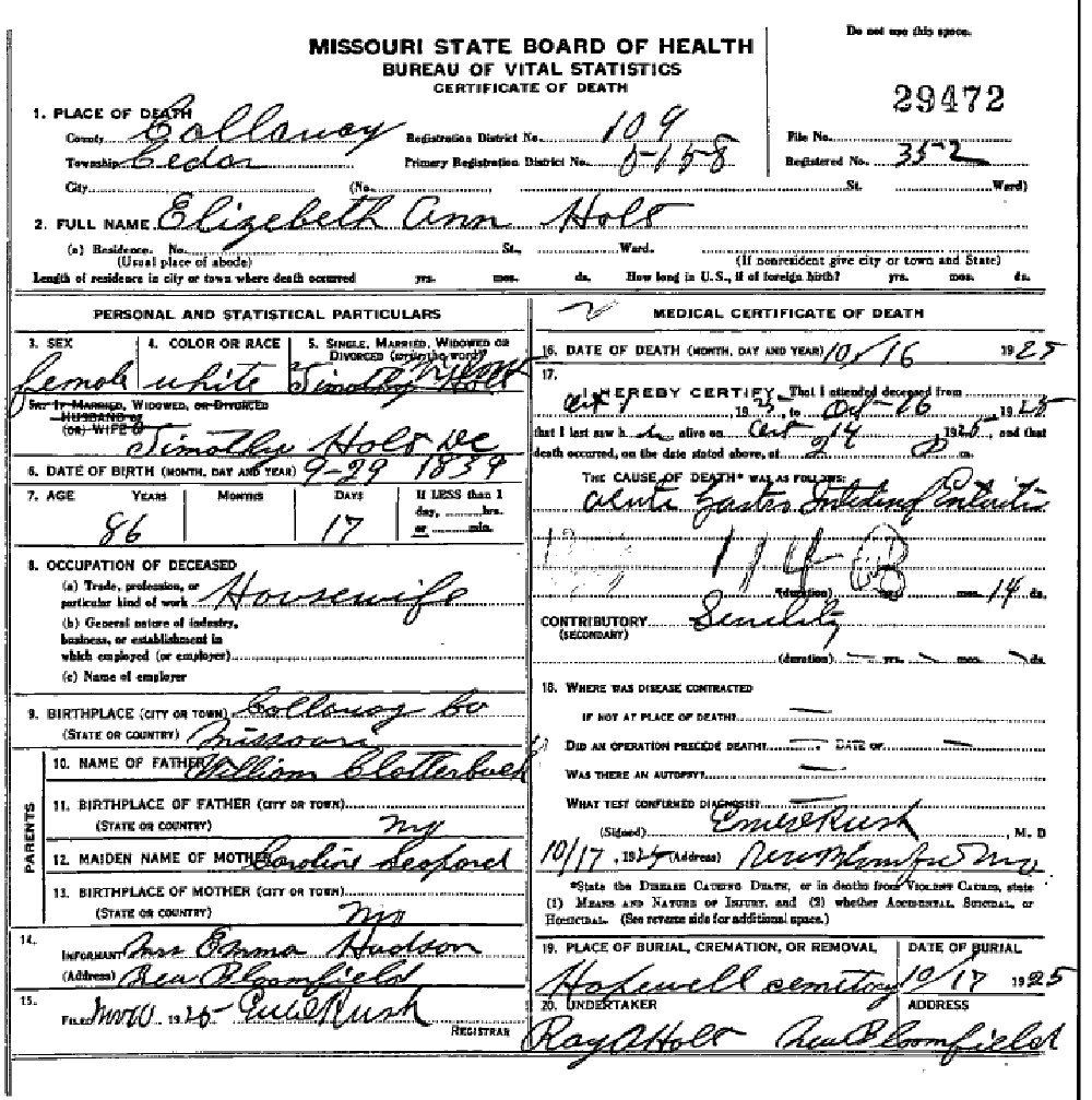 Death certificate of Holt, Elizabeth Ann Clatterbuck