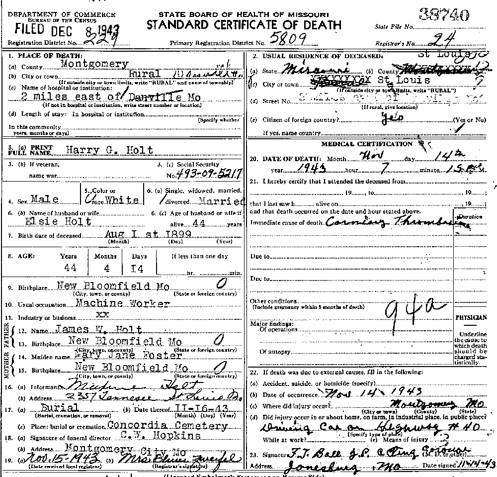 Death Certificate of Holt, Harry G.