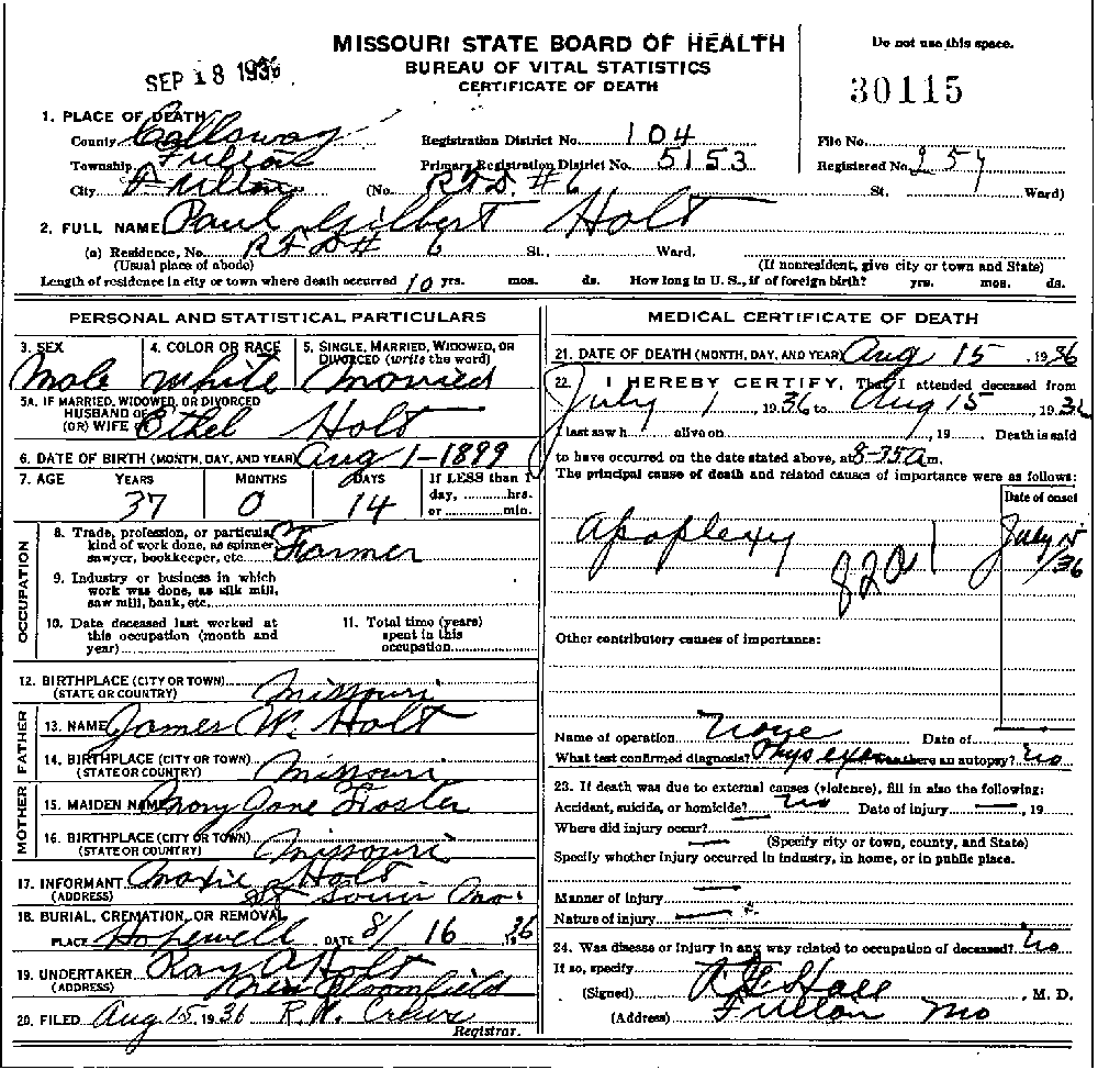 Death Certificate of Holt, Paul Gilbert
