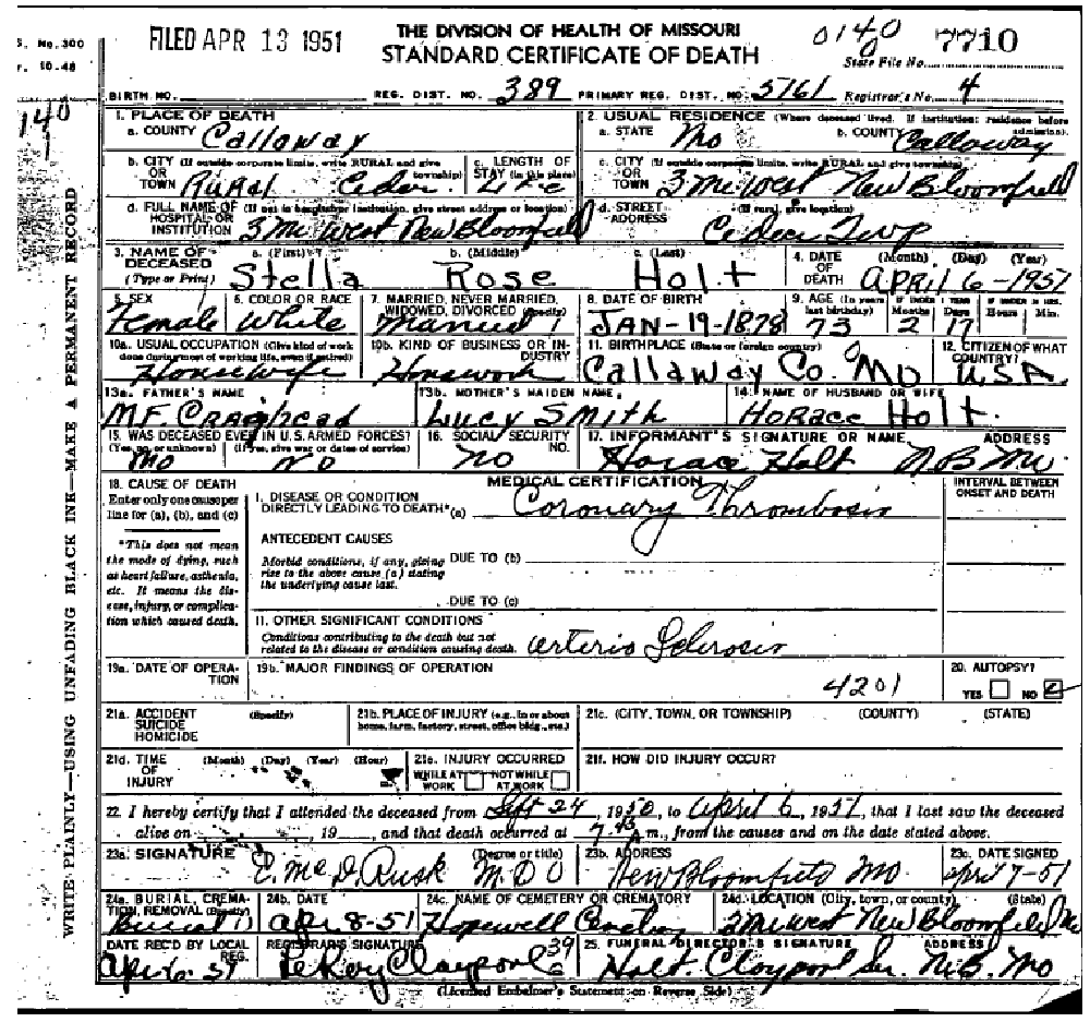 Death certificate of Holt, Stella Rose Craghead