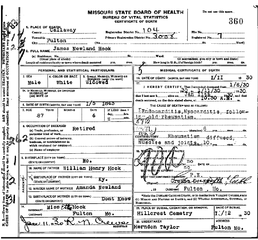 Death certificate of Hook, James Newland