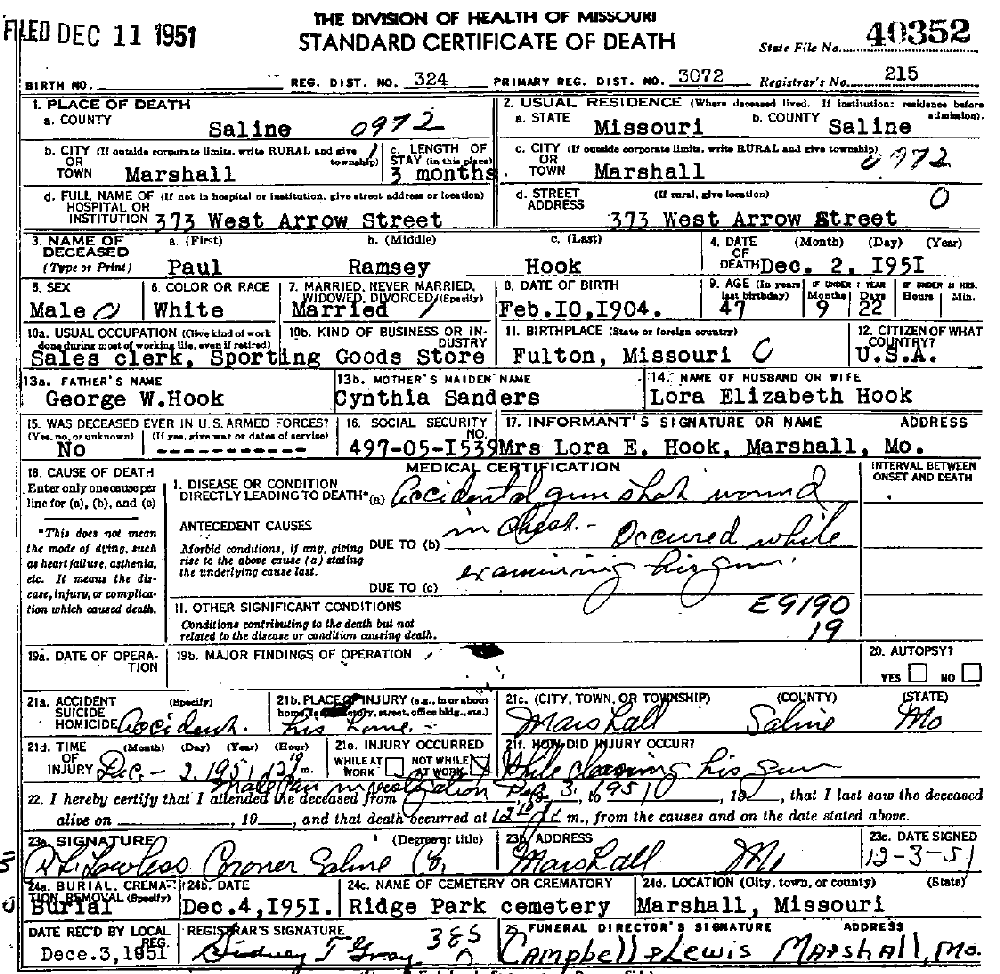 Death Certificate of Hook, Paul Ramsey