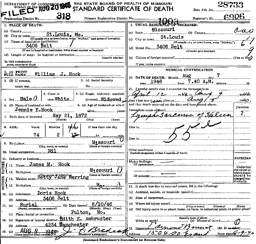 Death Certificate of Hook, William J.