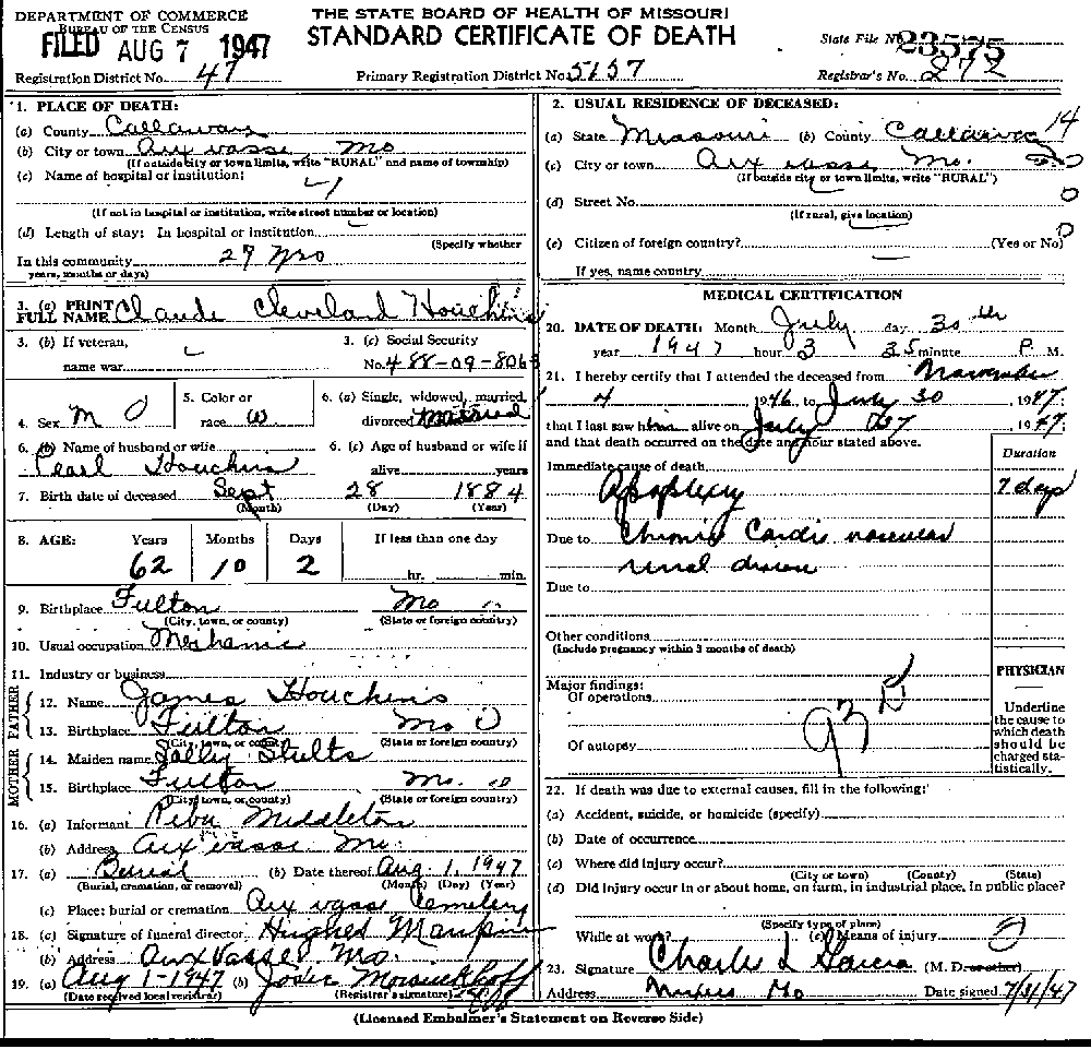 Death Certificate of Houchins, Claude Cleveland