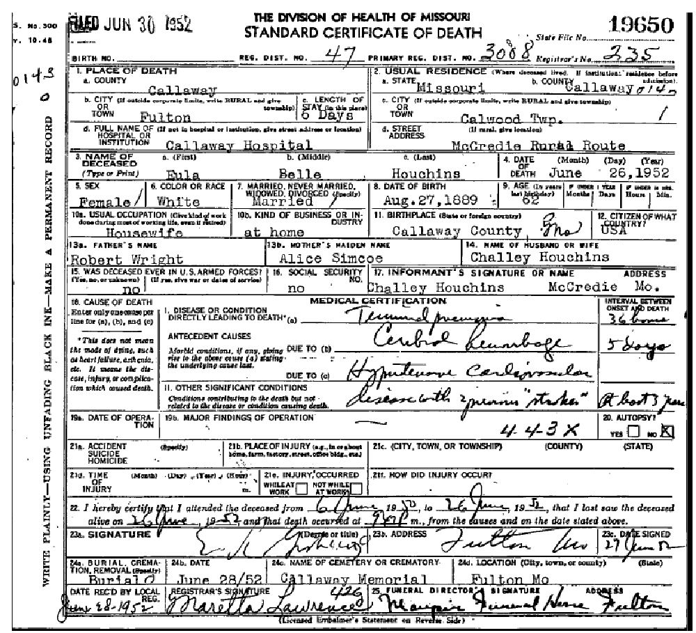 Death certificate of Houchins, Eula Belle Wright