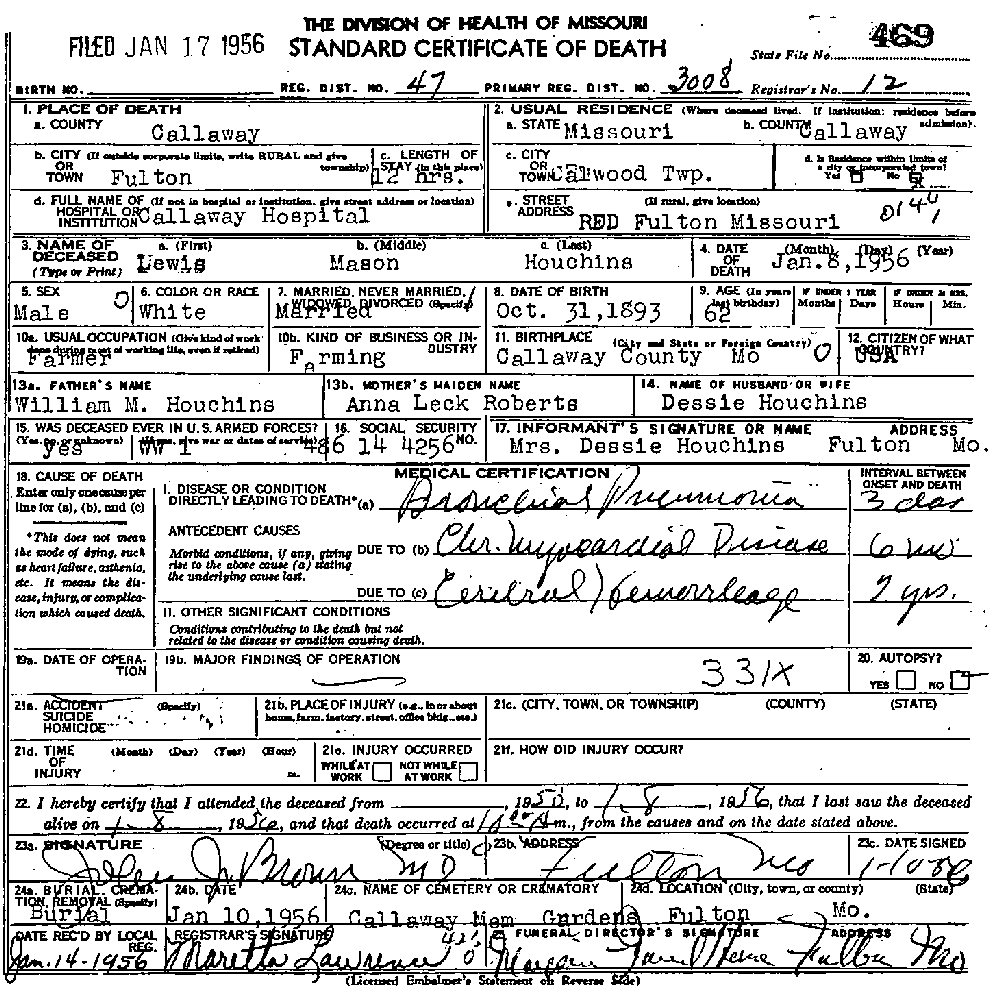 Death Certificate of Houchins, Lewis Mason