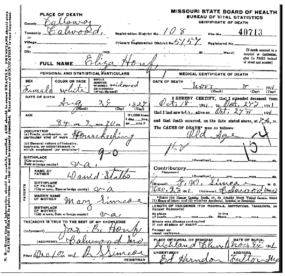Death certificate of Houf, Eliza Stultz