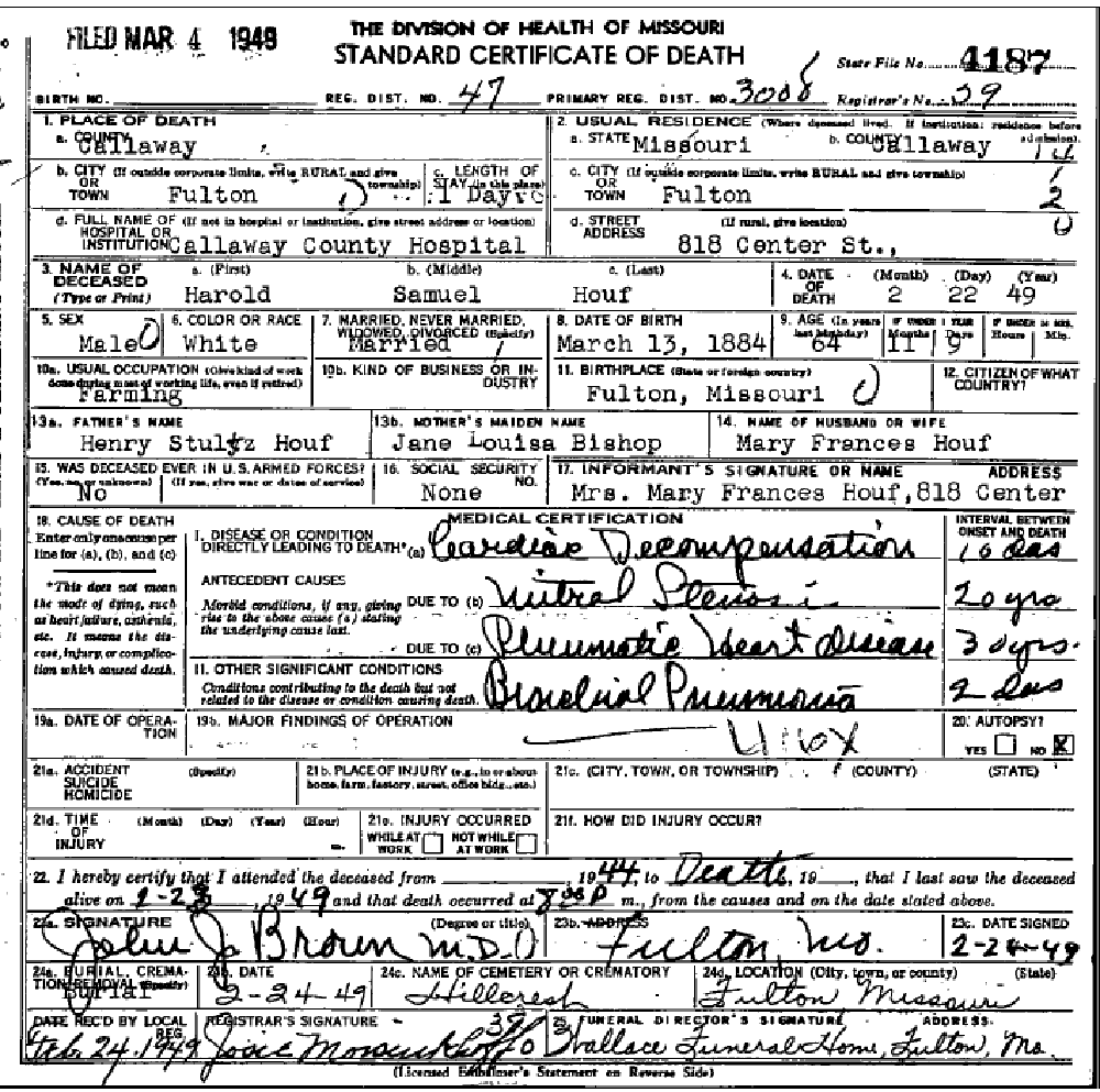 Death certificate of Houf, Harold S.