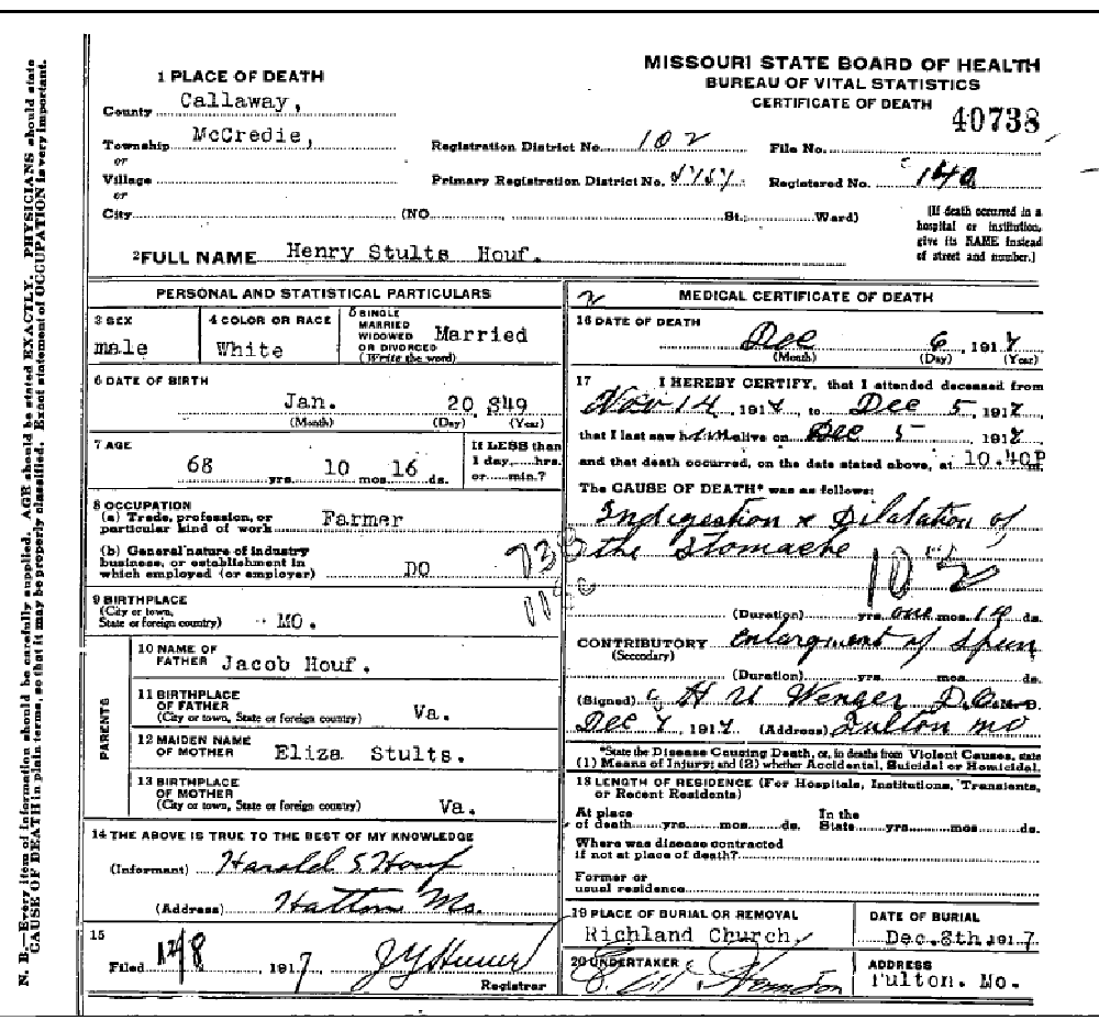 Death certificate of Houf, Henry Stultz
