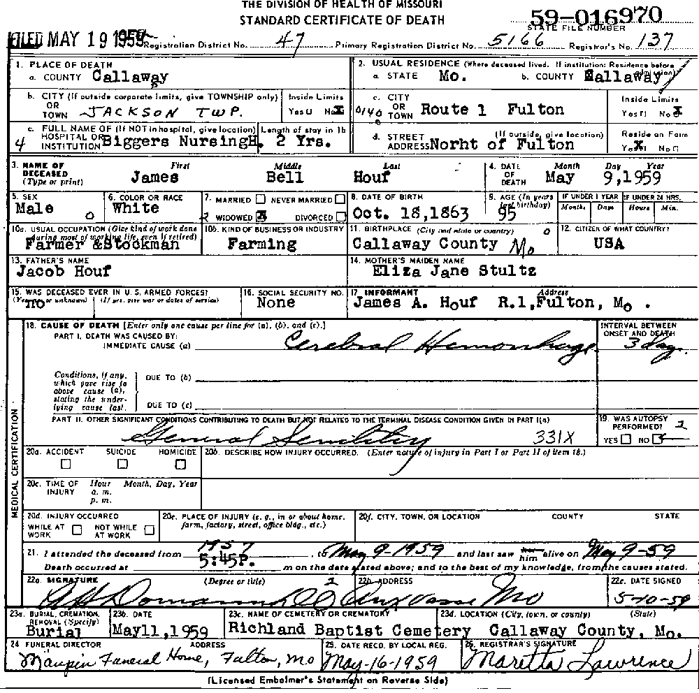 Death Certificate of Houf, James Bell