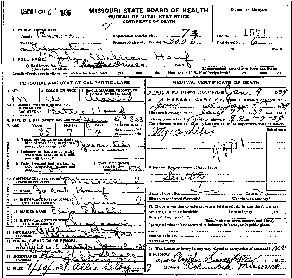 Death Certificate of Houf, John William
