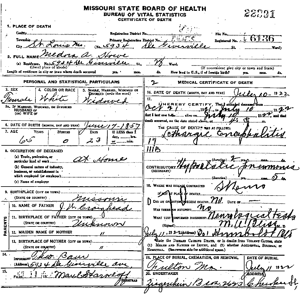 Death Certificate of Howe, America Medora H. Craghead