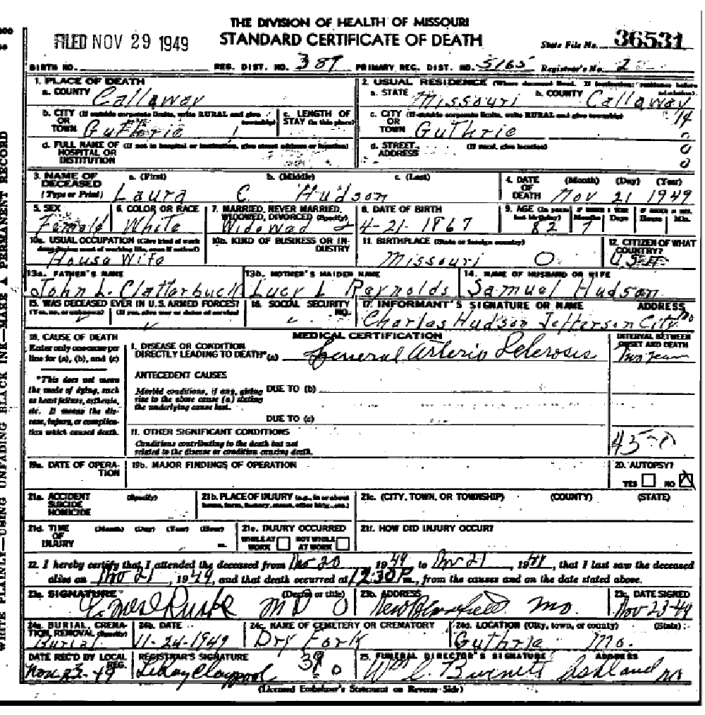 Death certificate of Hudson, Laura Clatterbuck
