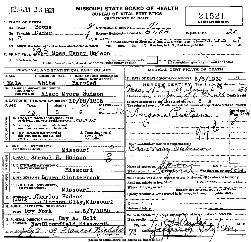 Death Certificate of Hudson, Moss Henry