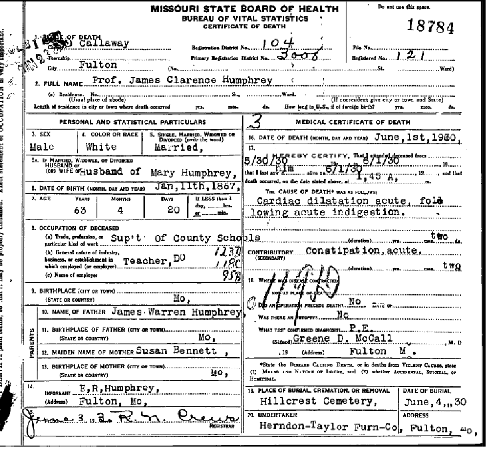 Death certificate of Humphreys, Prof. James Clarence