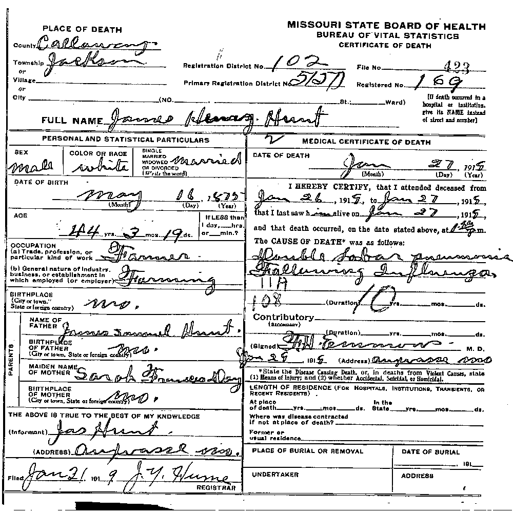 Death Certificate of Hunt, James Henry