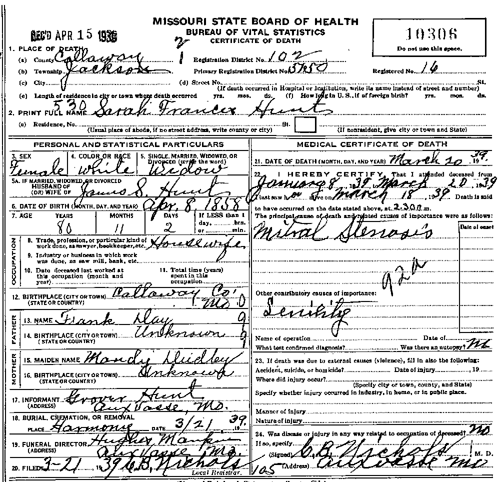 Death Certificate of Hunt, Sarah Frances Day