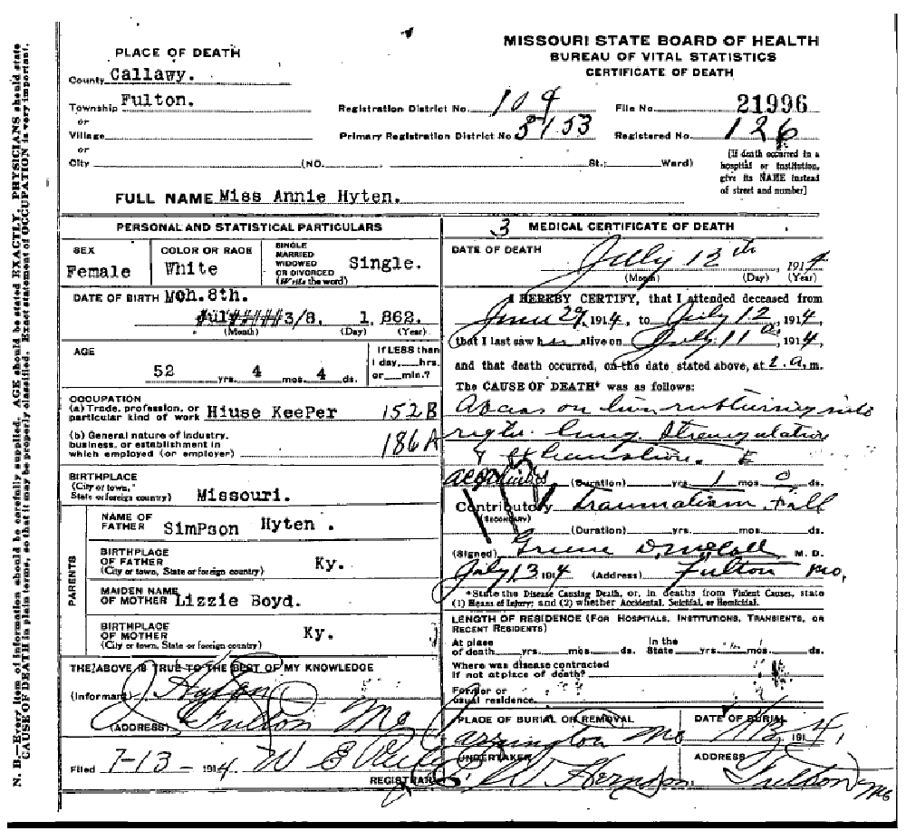 Death certificate of Hyten, Anna