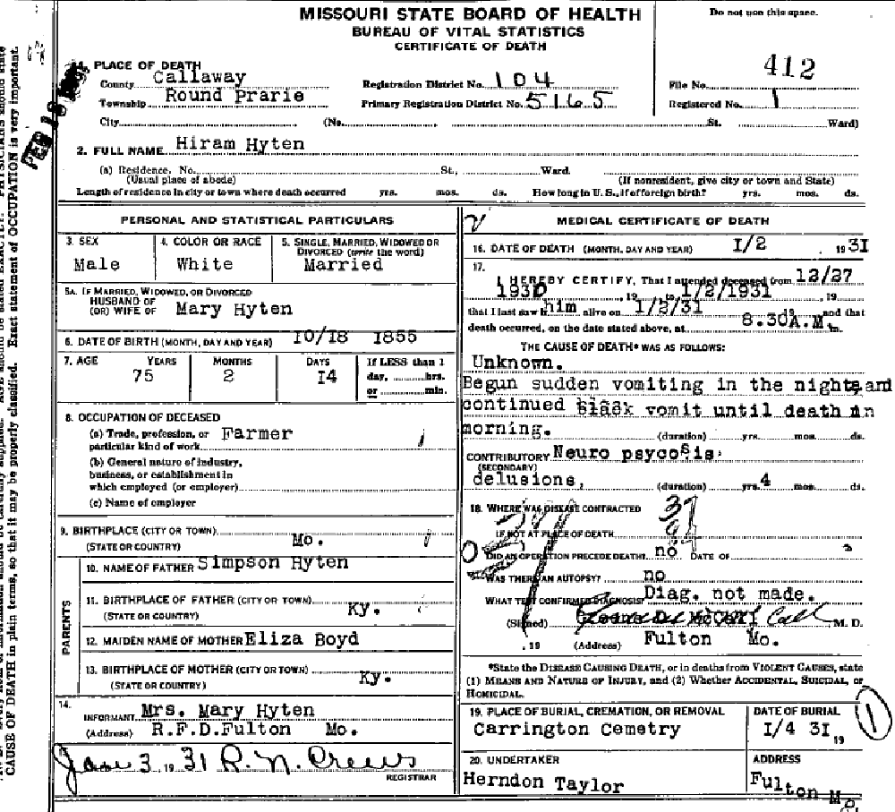 Death certificate of Hyten, Hiram
