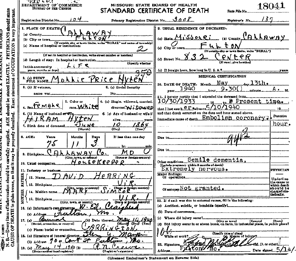Death Certificate of Hyten, Mary Price Herring