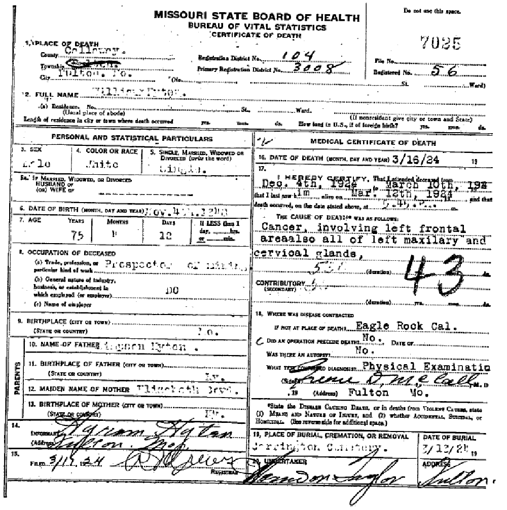 Death certificate of Hyten, William