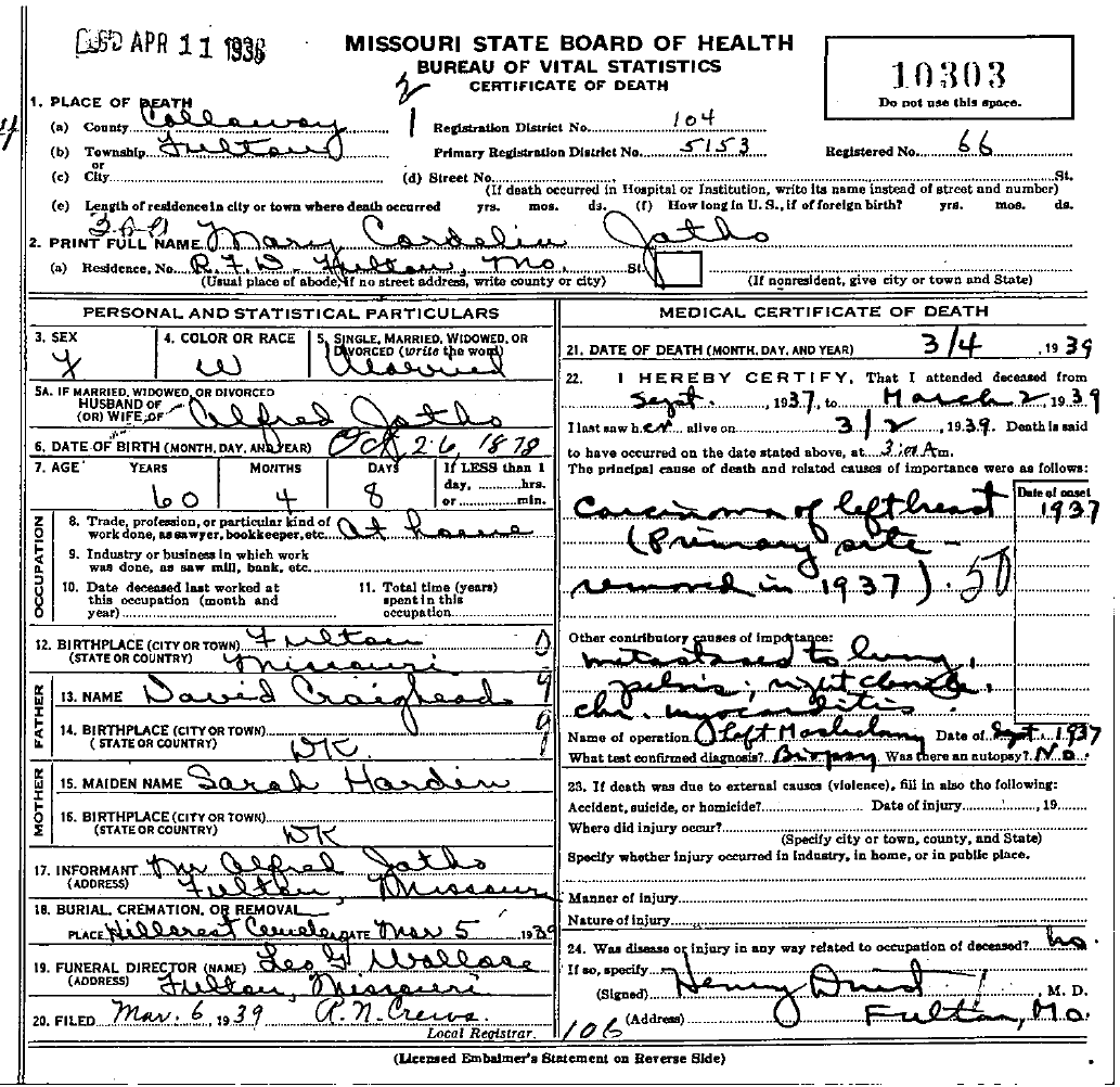 Death Certificate of Jatho, Mary Cordelia Craighead