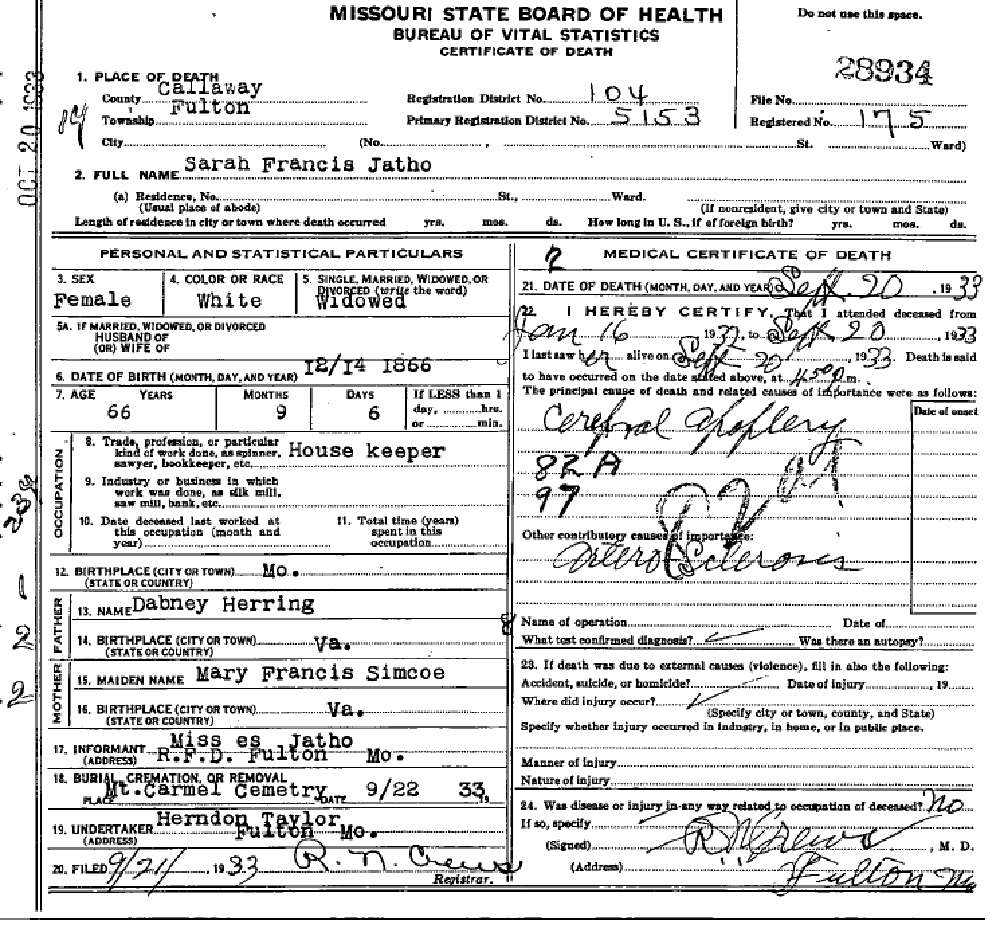 Death certificate of Jatho, Sarah Francis Herring