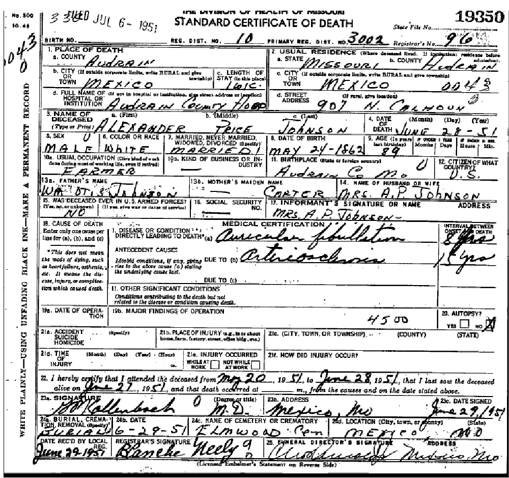 Death certificate of Johnson, Alexander Price