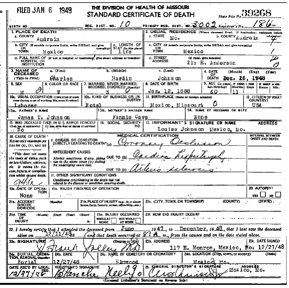 Death certificate of Johnson, Charles Hardin