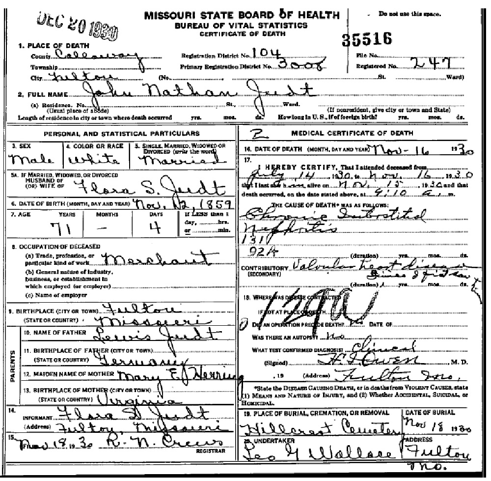 Death certificate of Judt, John Nathan