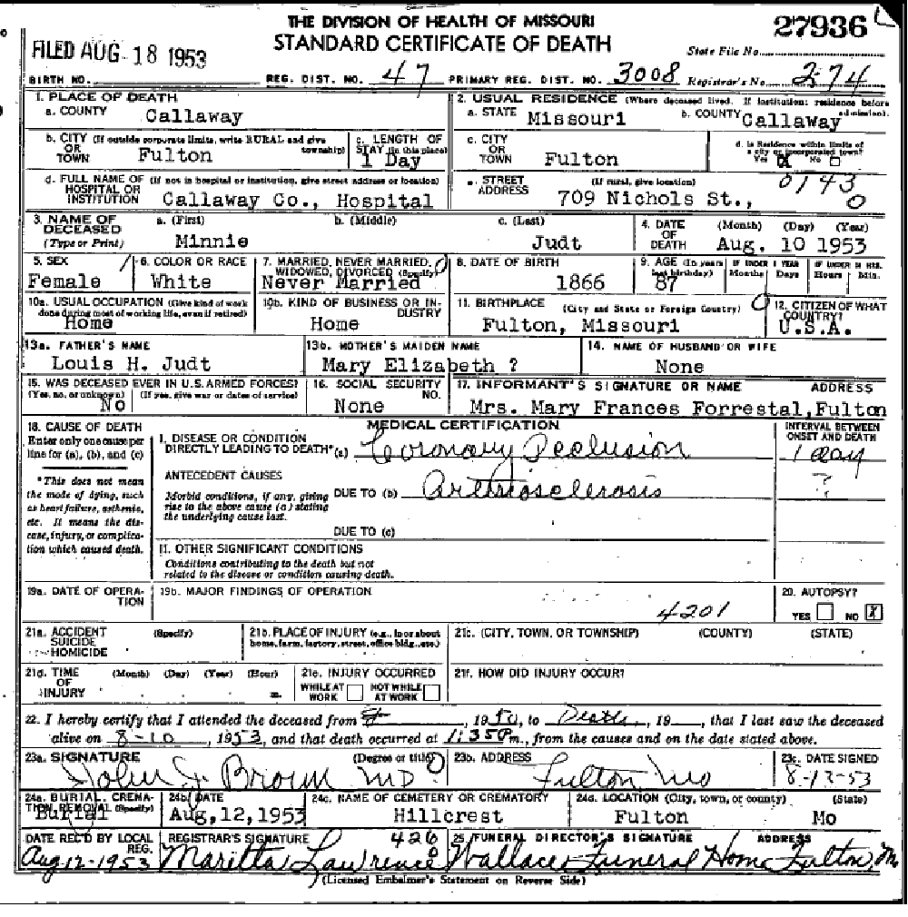 Death certificate of Judt, Minnie