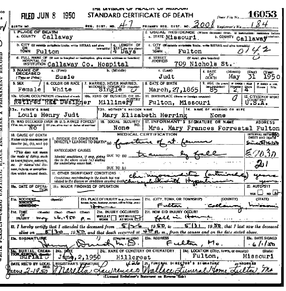 Death certificate of Judt, Susan