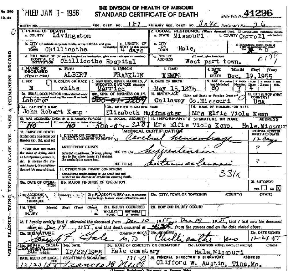 Death certificate of Kemp, Albert Franklin