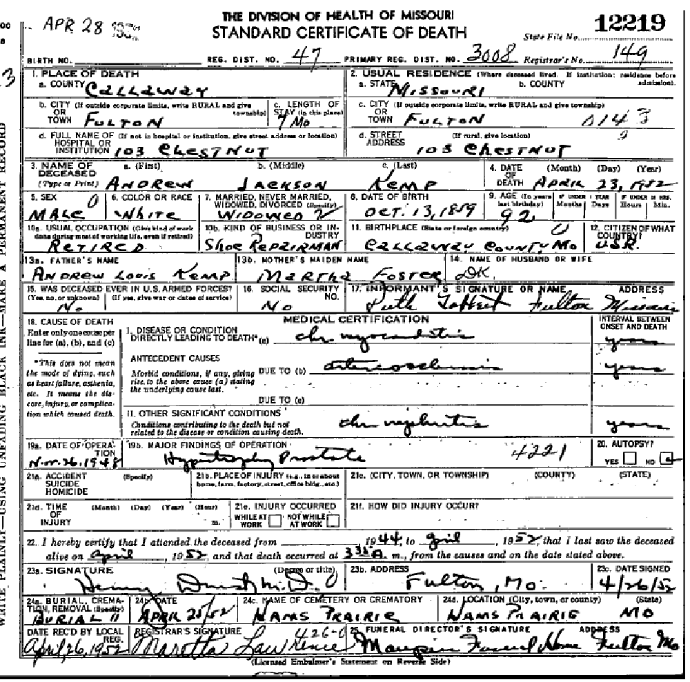 Death certificate of Kemp, Andrew Jackson