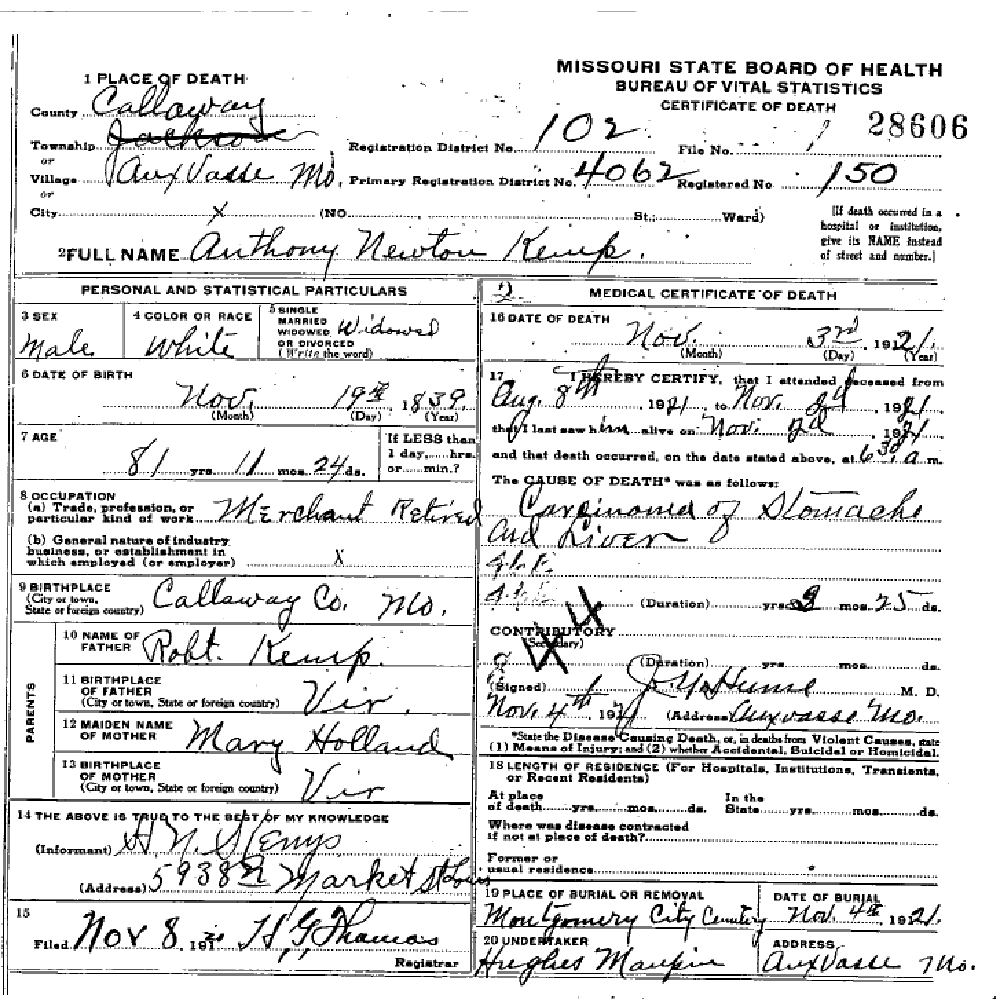 Death certificate of Kemp, Anthony Newton