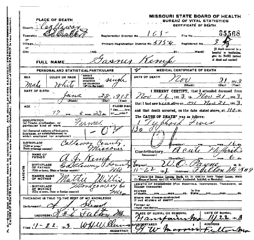 Death Certificate of Kemp, Gasner G.